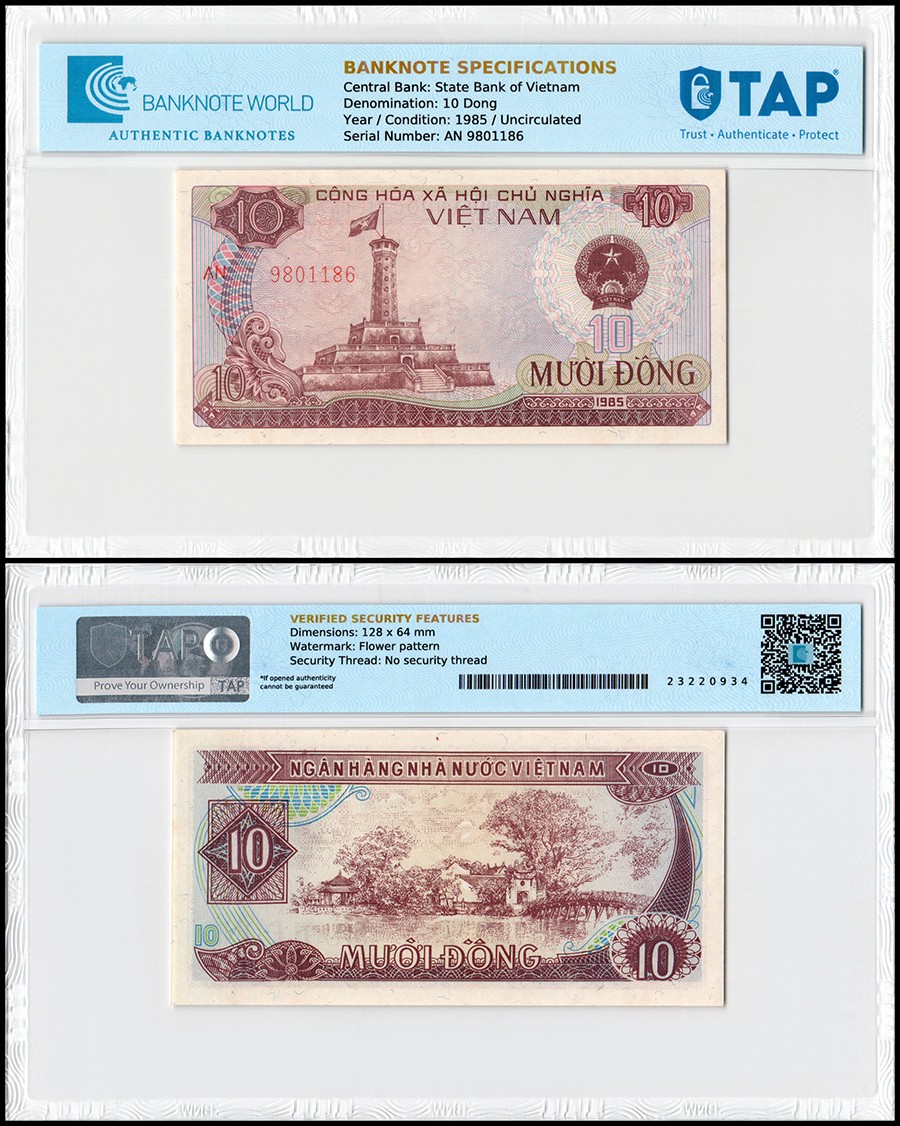 Vietnam 10 Dong, 1985, P-93, UNC, TAP Authenticated