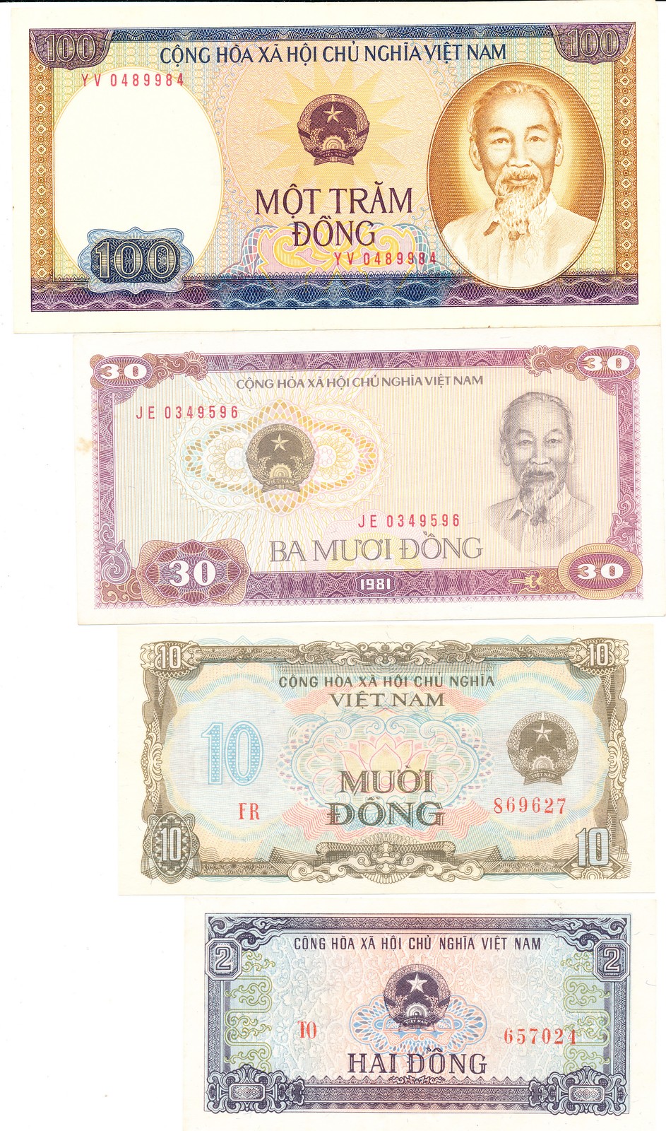 Cong Hoa Xa Hoi Chu Nghia Viet Nam 2, 10, 30, 100 Dong 1981 4 Pcs Unc