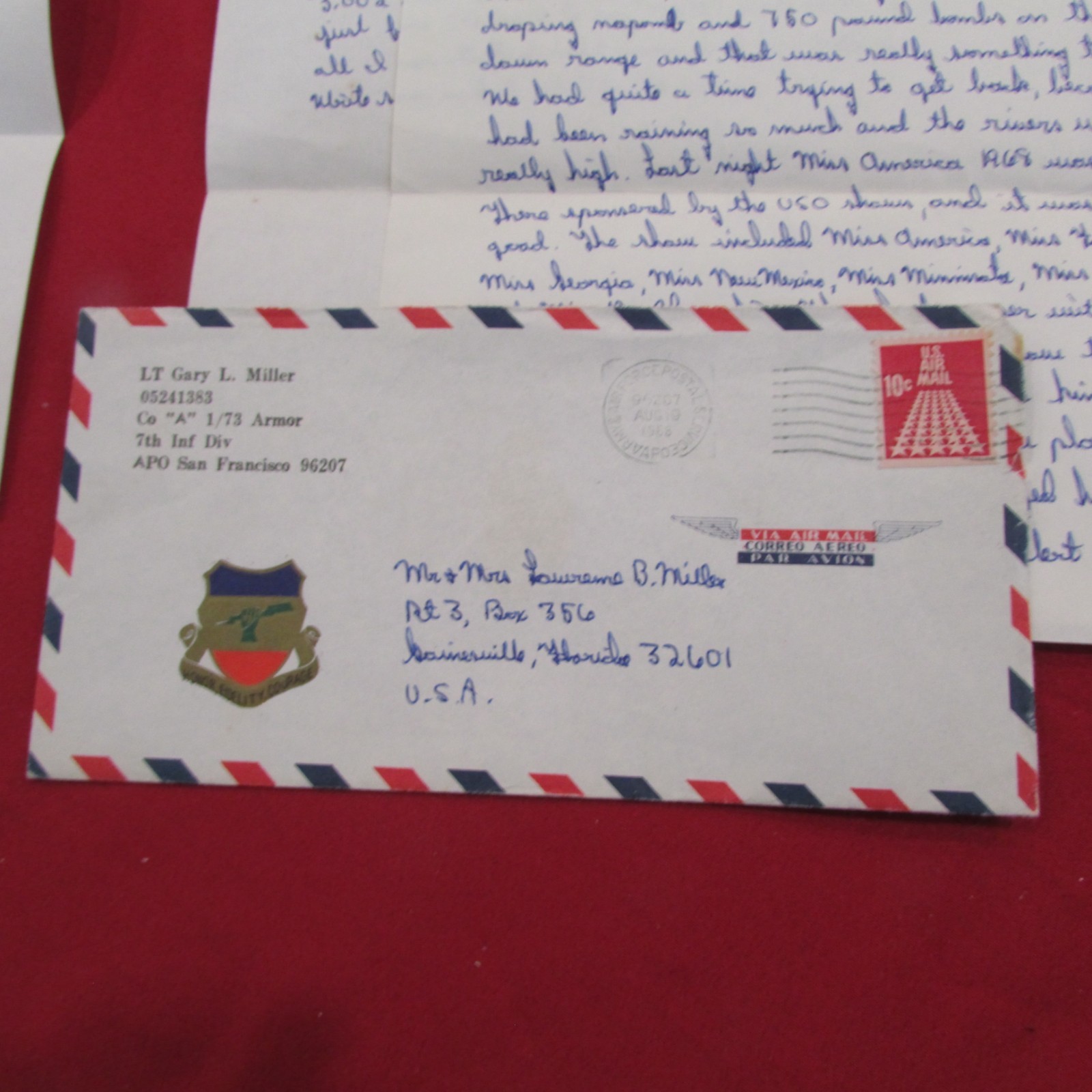 VIETNAM era 1968 LETTERs FROM Officer G.L.Miller Co.A 1/73 Armor 7th infantry