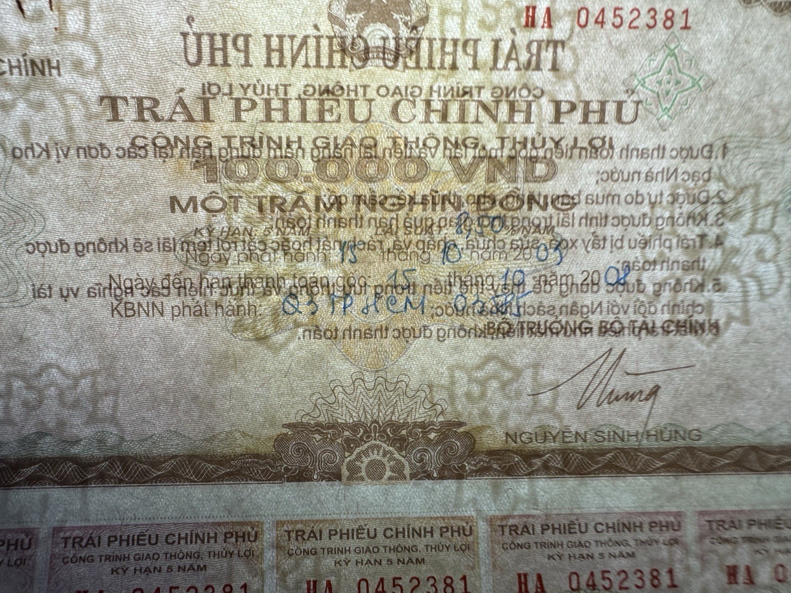 100,000 Dong Goverment Cheque 2003 Rare_LDP Shop.