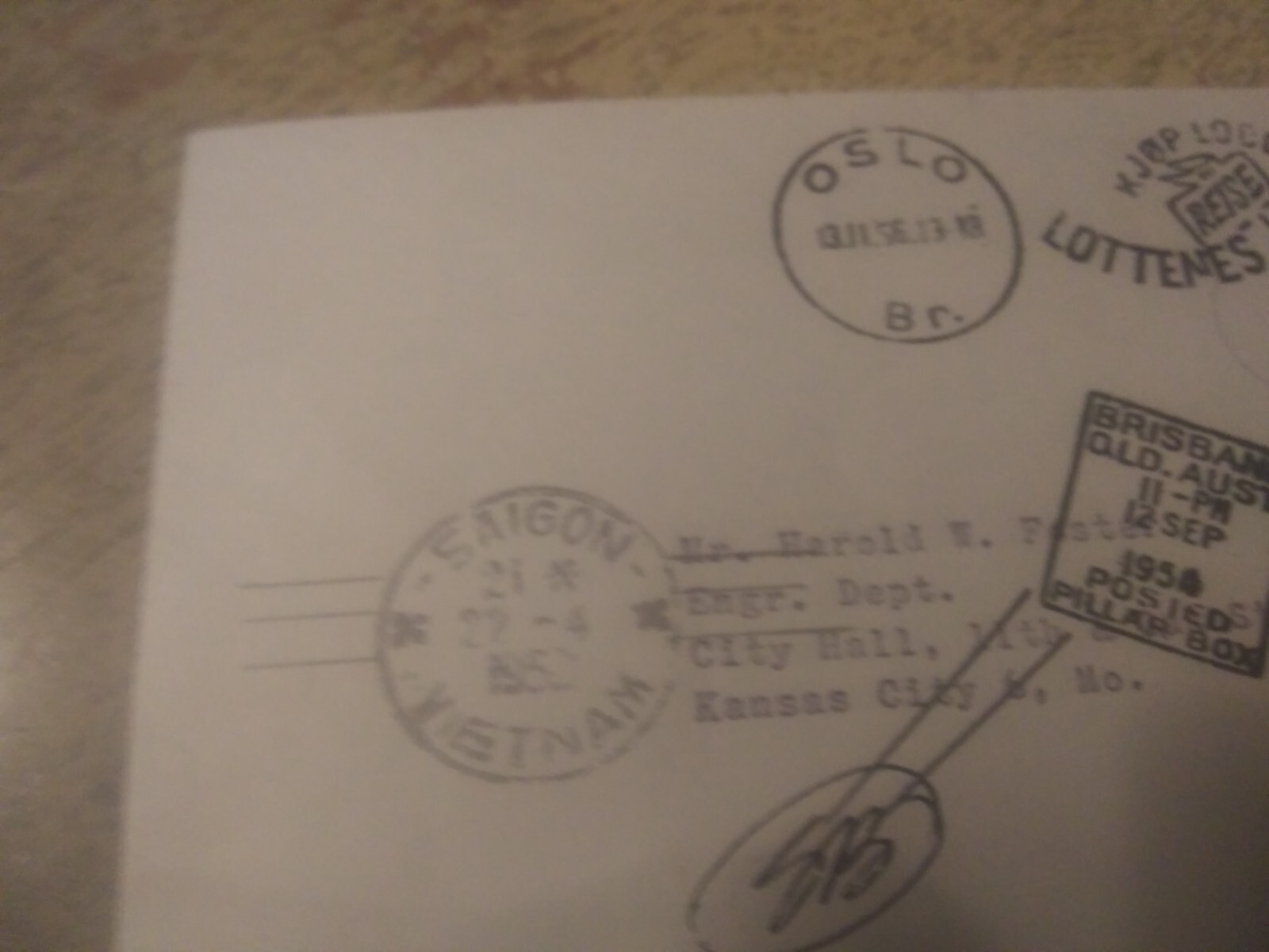 Saigon Vietnam 1956 Cover Oslo Kansas City Postal History Envelope