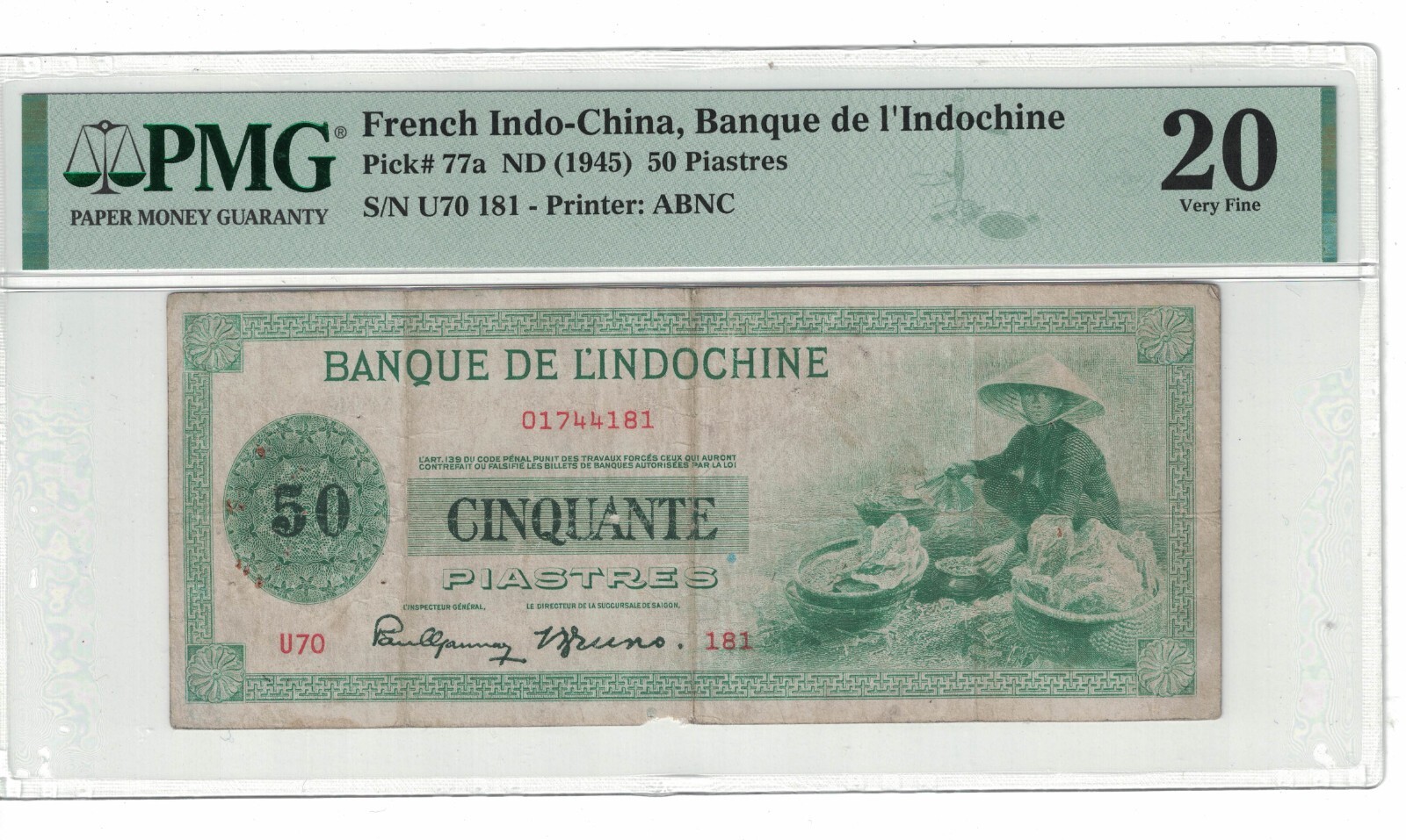 FRENCH INDOCHINA 50 PIASTRES 1945 Pick# 77a PMG: 20 Very Fine. #PL1920