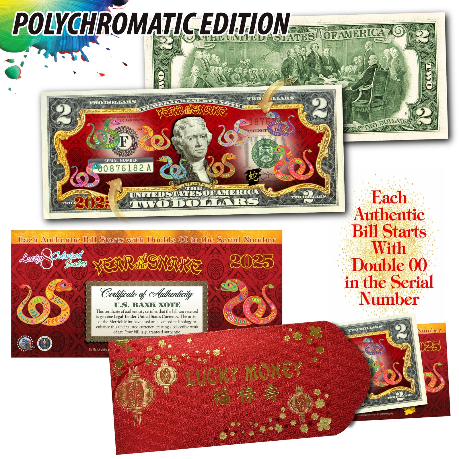 2025 CNY Lunar Chinese New YEAR OF SNAKE Polychromatic 8 SNAKES $2 Bill RED