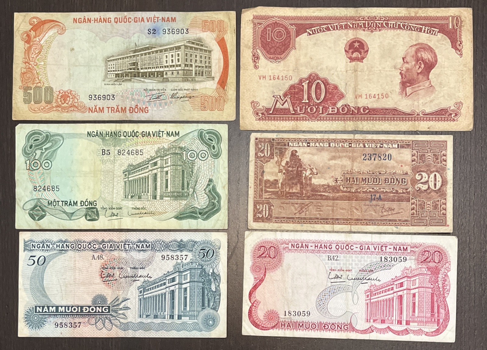 VIETNAM 1958 10 Dong 1962 20 Dong 1972 20 50 100 500 Dong 6 Banknotes
