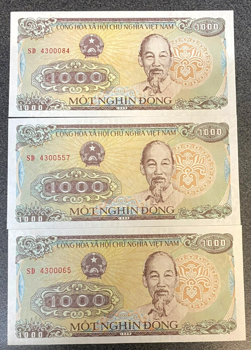 VIETNAM 1989 ( 3 x NOTES ONE THOUSAND 1000 DONG VERY SCARCE UNCIRCULATED