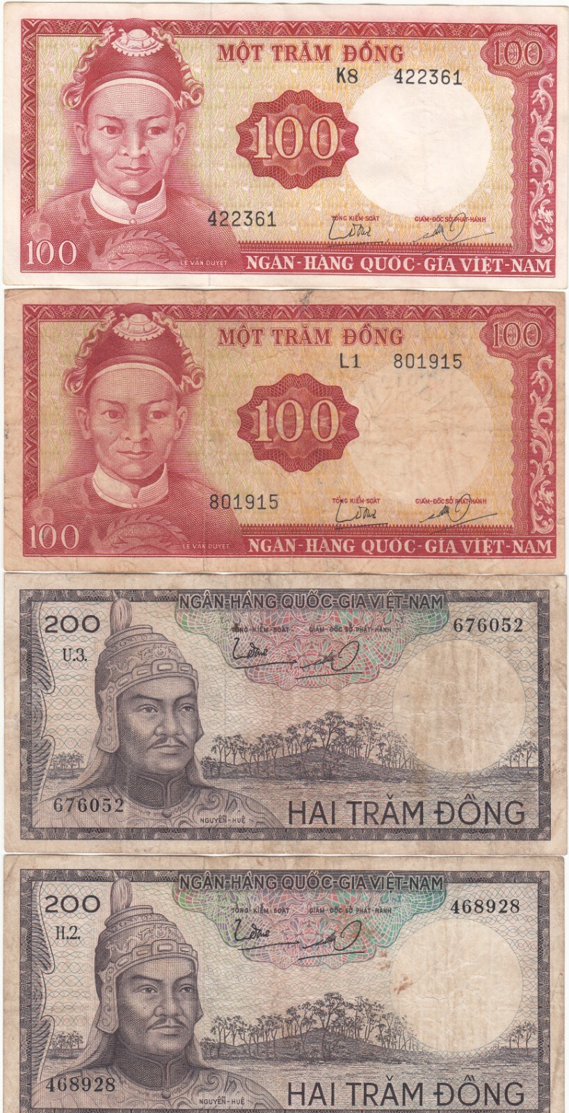 1966 South Vietnam Republic Set of 4 Bank Notes Extremely F. P#19a/19b, 20a/20b