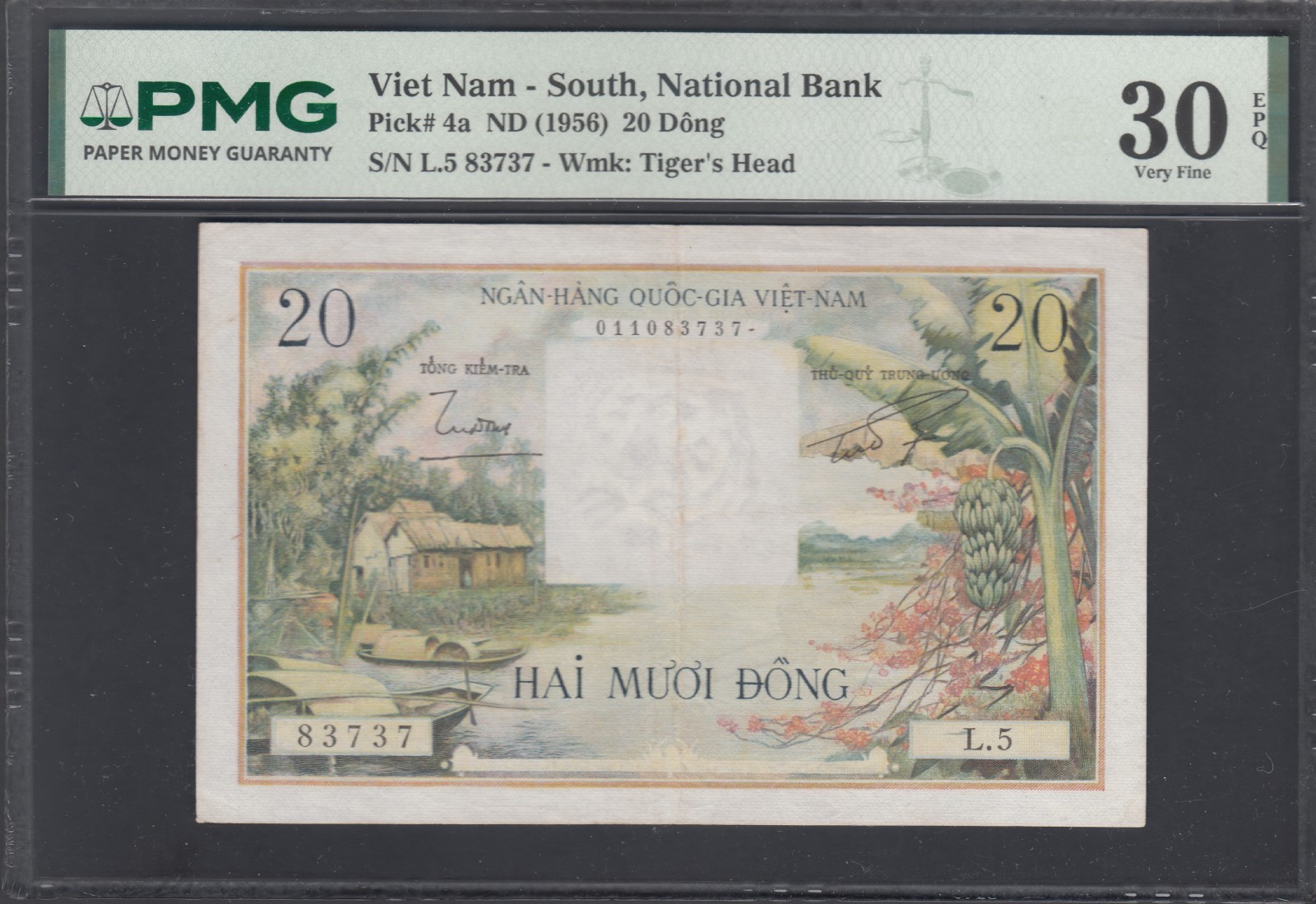 1956 South Vietnam Republic National Bank Notes 20d, PMG Certified, V Fine, P#4a