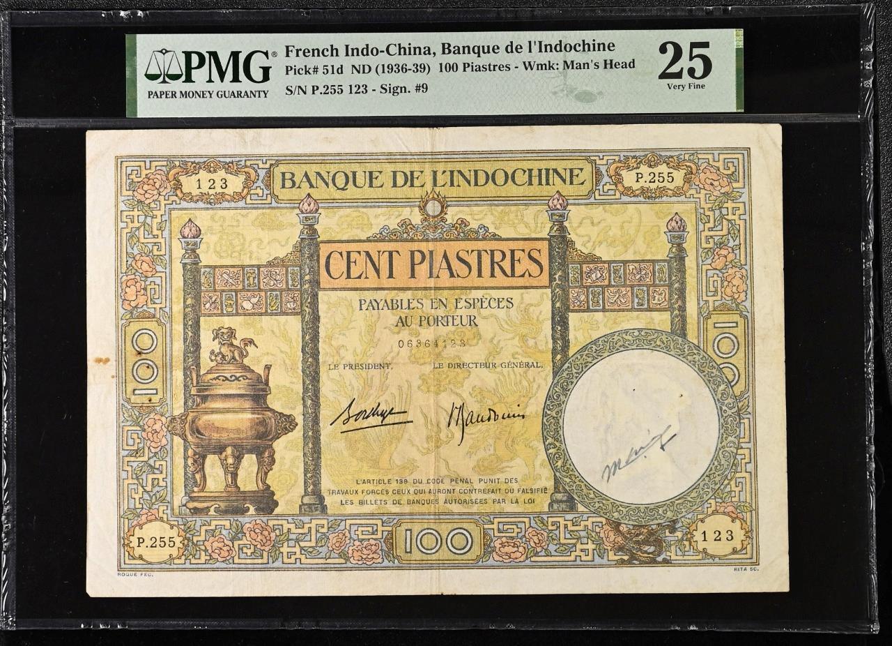 French Indochina P-51d 100 Piastres 1936-39 PMG 25 Pinholes, Minor Rust