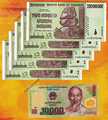 5 x 200 Million Zimbabwe Dollars AA 2008 +10,000 Vietnam Dong Banknotes Currency