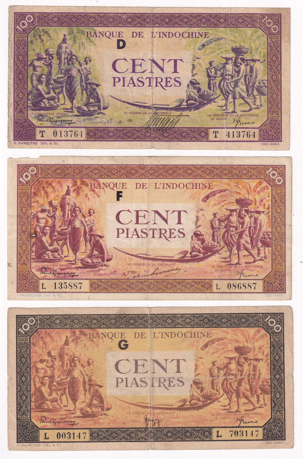 French Indochina 1942-45 100 Piastres Lot of 3 Notes Different Color Hand Signed