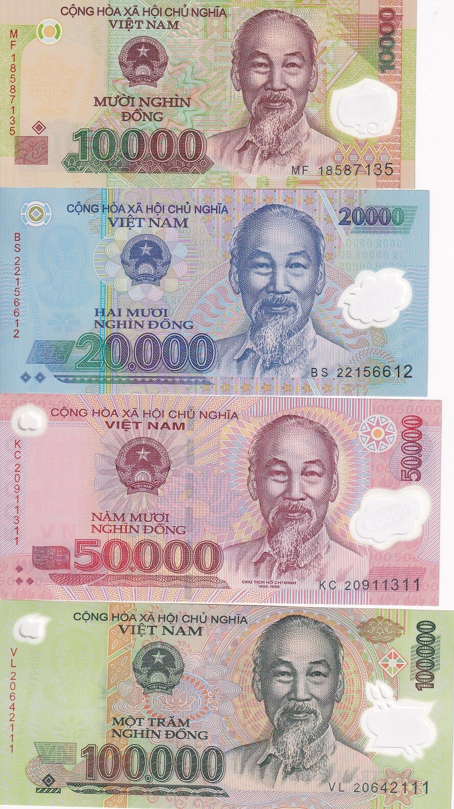 Vietnam Set 4 UNC 10000 20000 50000 100000 Dong 2018-2022 P 119 – P 122 polymer