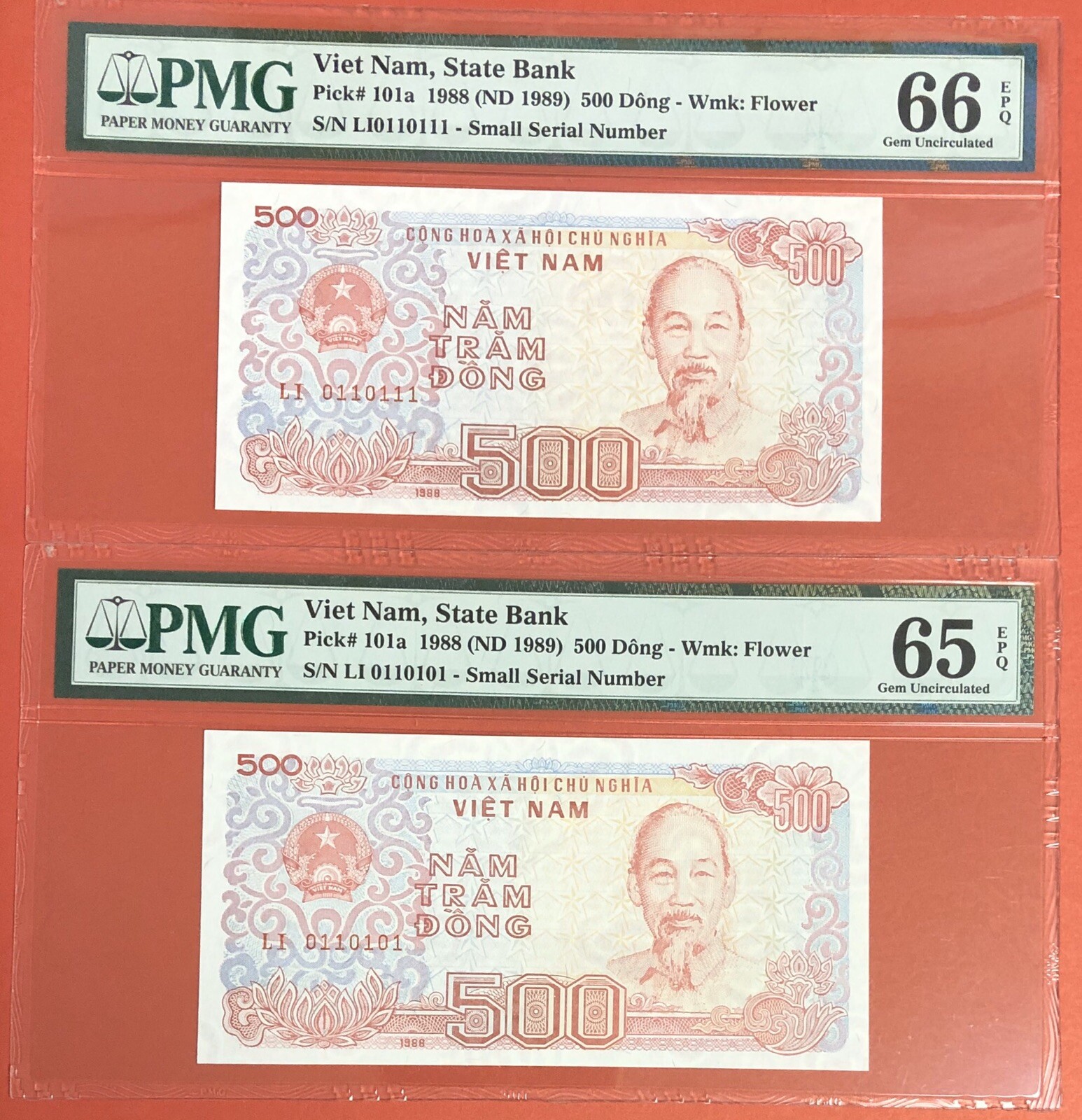VIETNAM Fancy # Lot Of 2 x 500 DONG 1988 PICK# 101a PMG:65,66EPQ GEM UNC.(#1902)