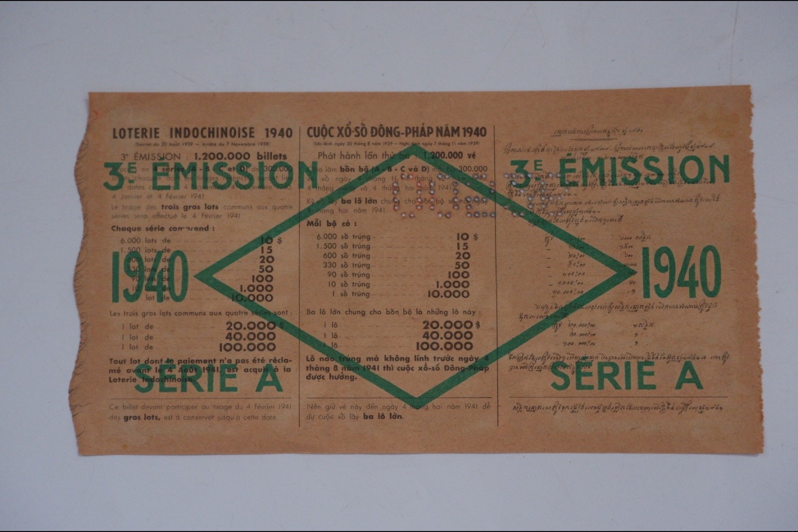 BANKNOTE-VINTAGE FRENCH INDOCHINE VIETNAMESE LOTTERY TICKET 1 PIASTRE 1940 RARE