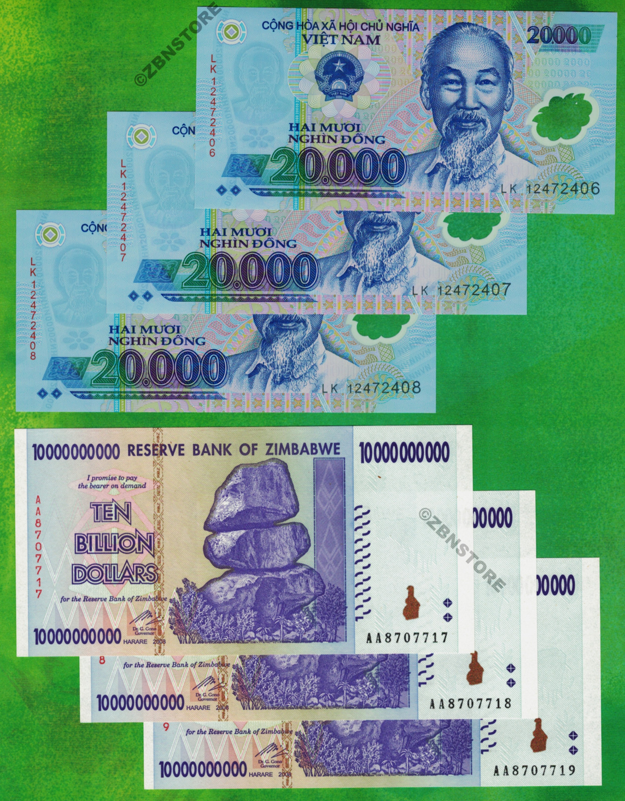 3 x 10 Billion Zimbabwe Dollars + 3 x 20000 Vietnam Dong Bank Notes Uncirculated