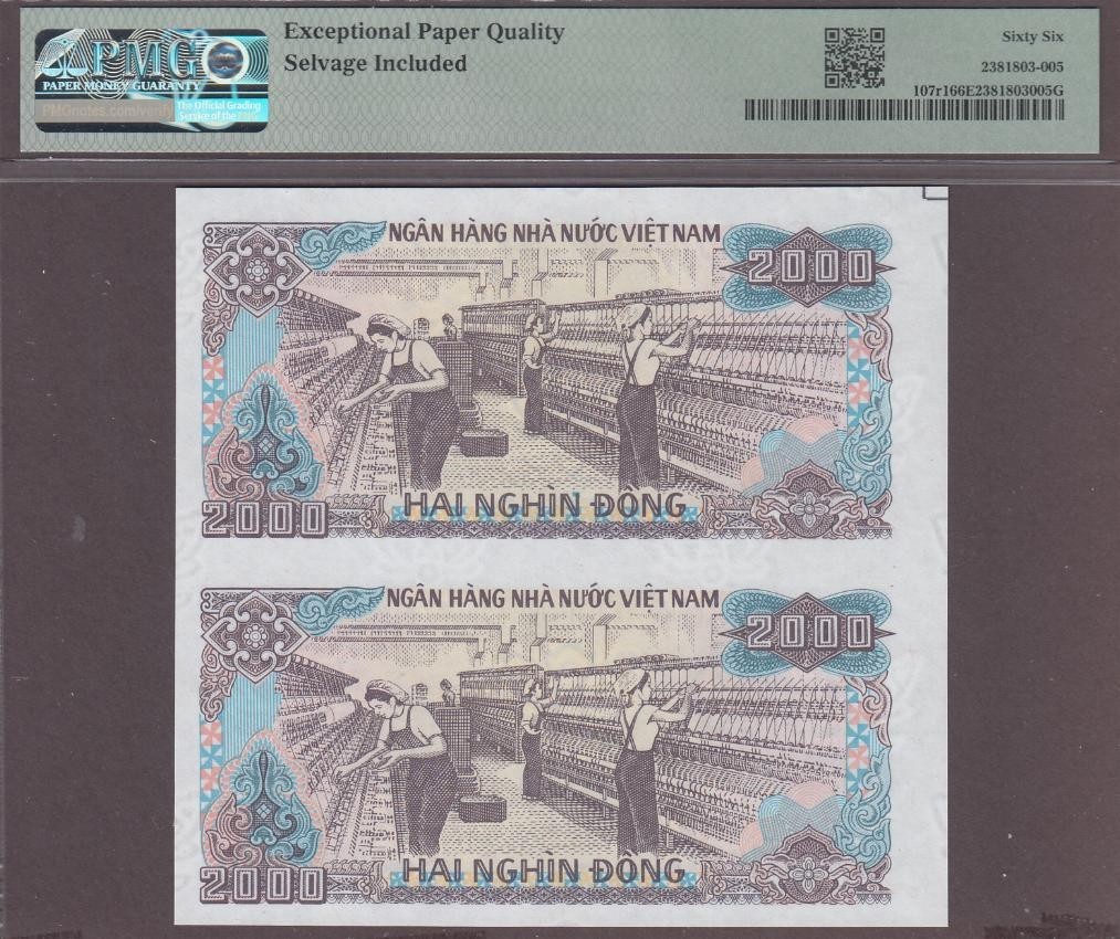 Viet Nam 2000 Dong Banknote P-107r1 1988 (ND 1989) PMG 66EPQ Uncut Pair