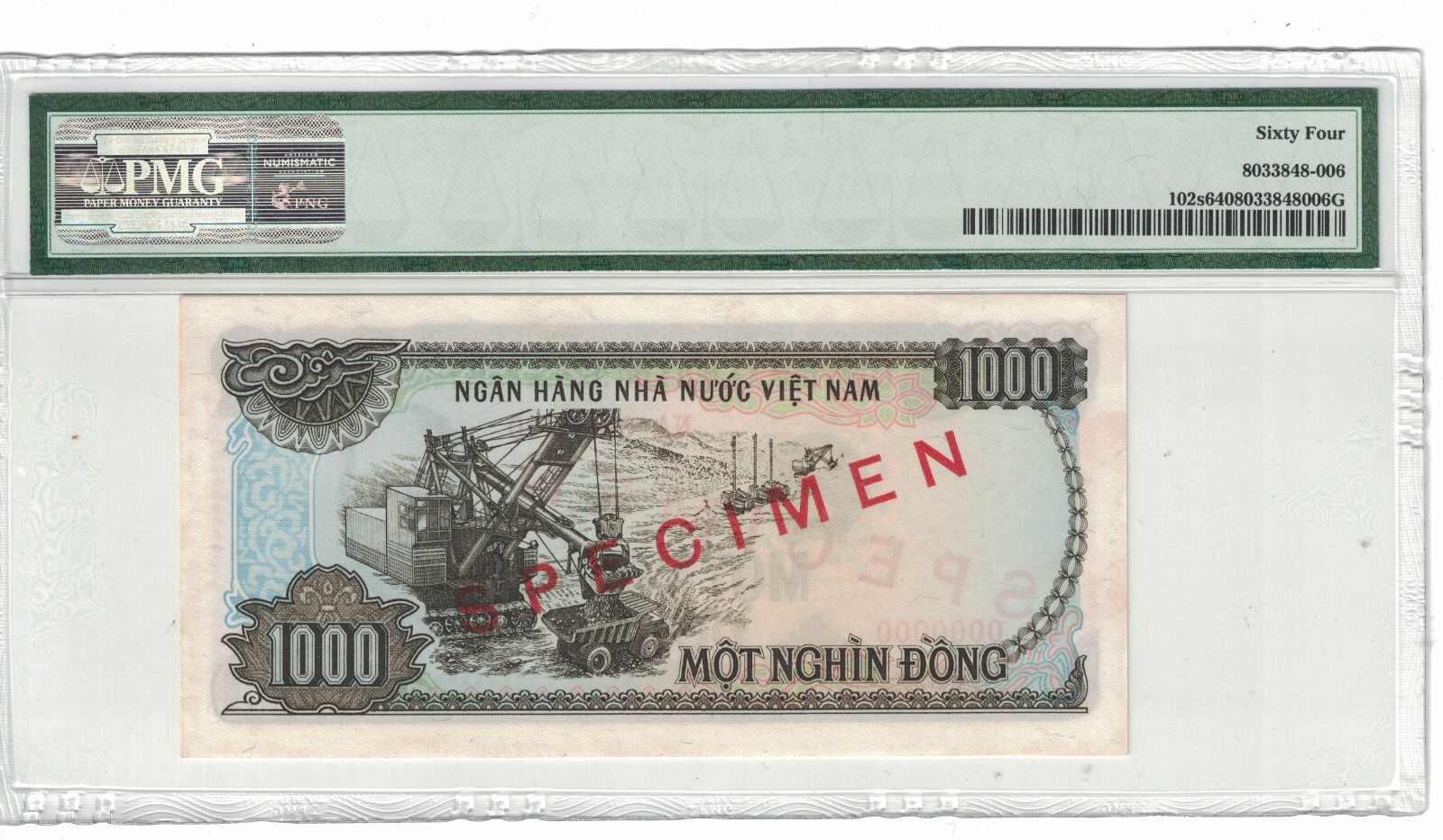 VIETNAM – SPECIMEN 1000 DONG 1987 PICK# 102s PMG: 64 UNC. #PL2000