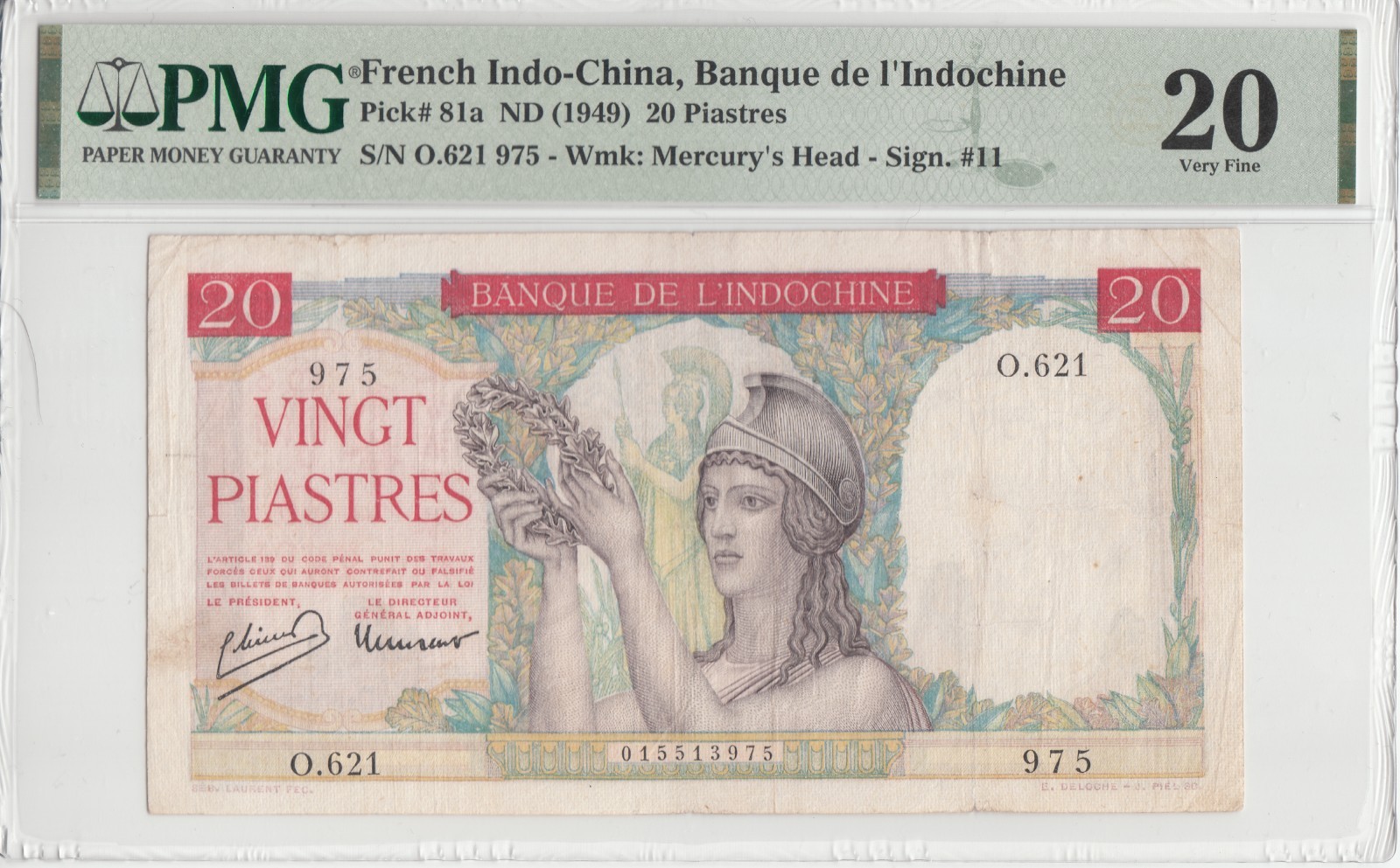 French Indochina/Vietnam 1949 PMG Certified 20 Piastre VF Banknotes P# 81a.