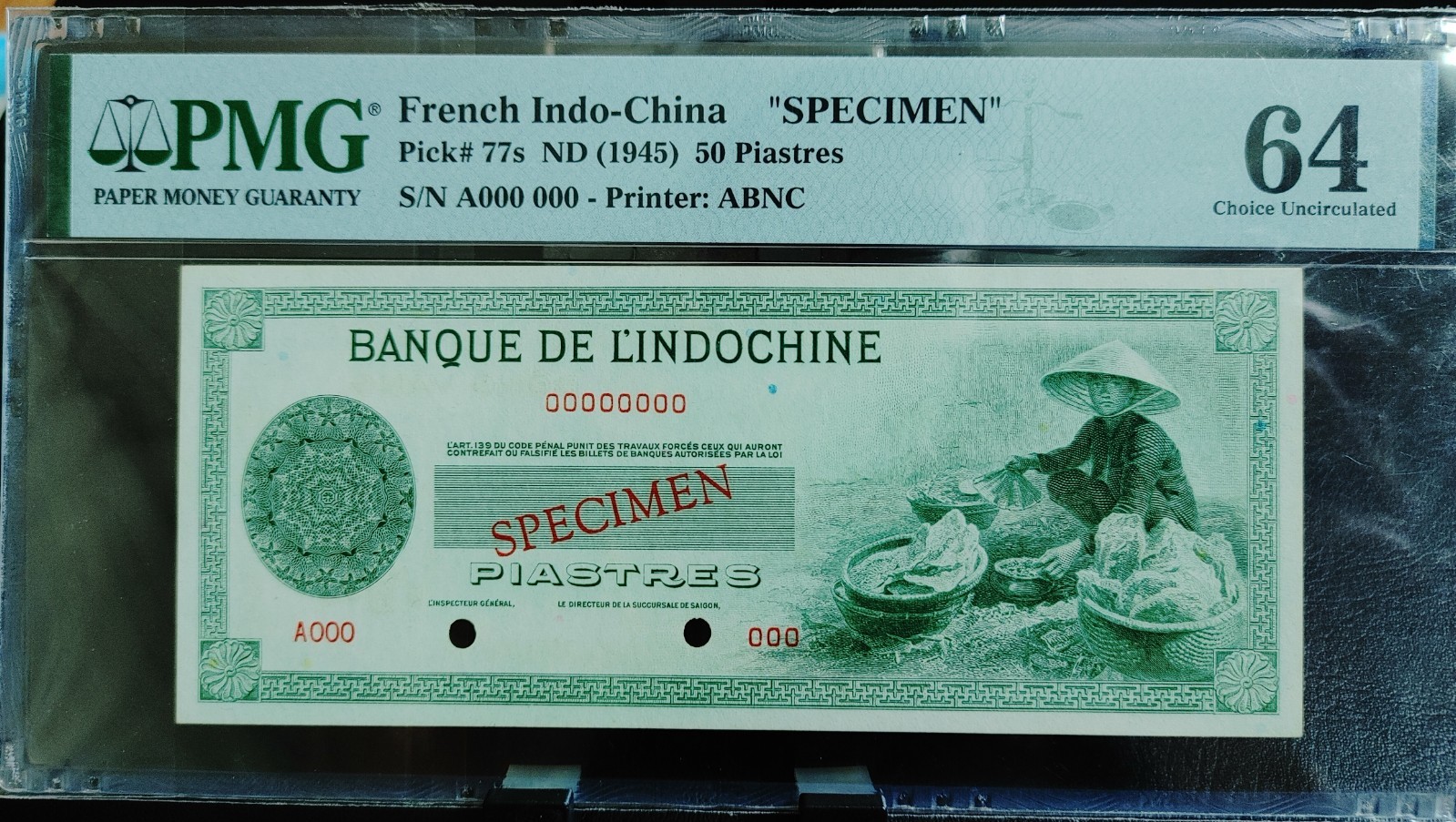 French colony- Indochina 1945 pick 77s SPECIMEN banknote 50 Piastres PMG 64