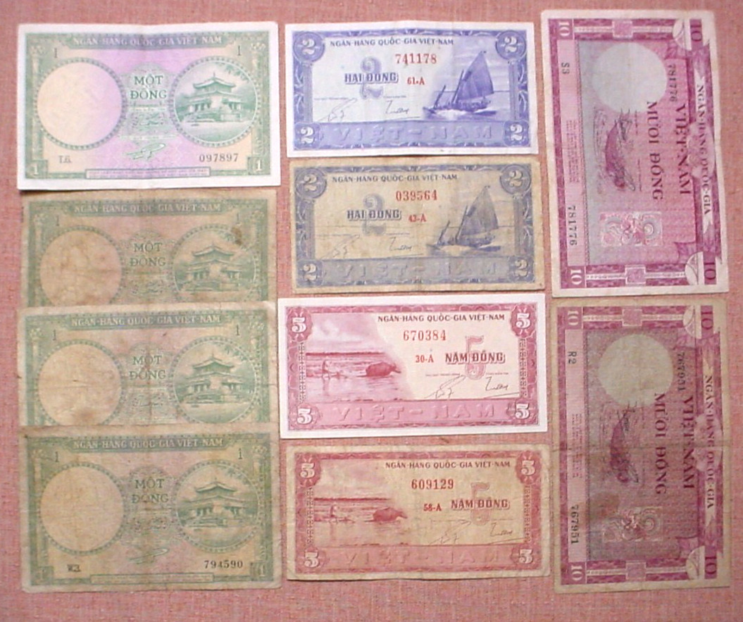10 Viet-Nam 1950’s Bank Notes – 4 One Dong / 2 Two Dong / 2 Five & 2 Ten Dong