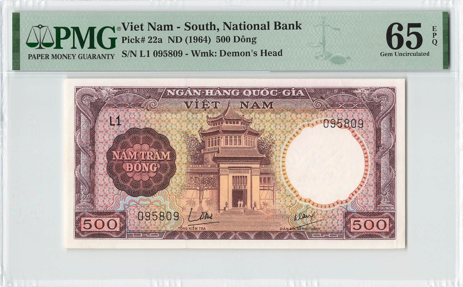SOUTH VIETNAM 500 Dong 1964, P-22a, PMG 65 EPQ Gem UNC, Scarce Type in Gem Grade