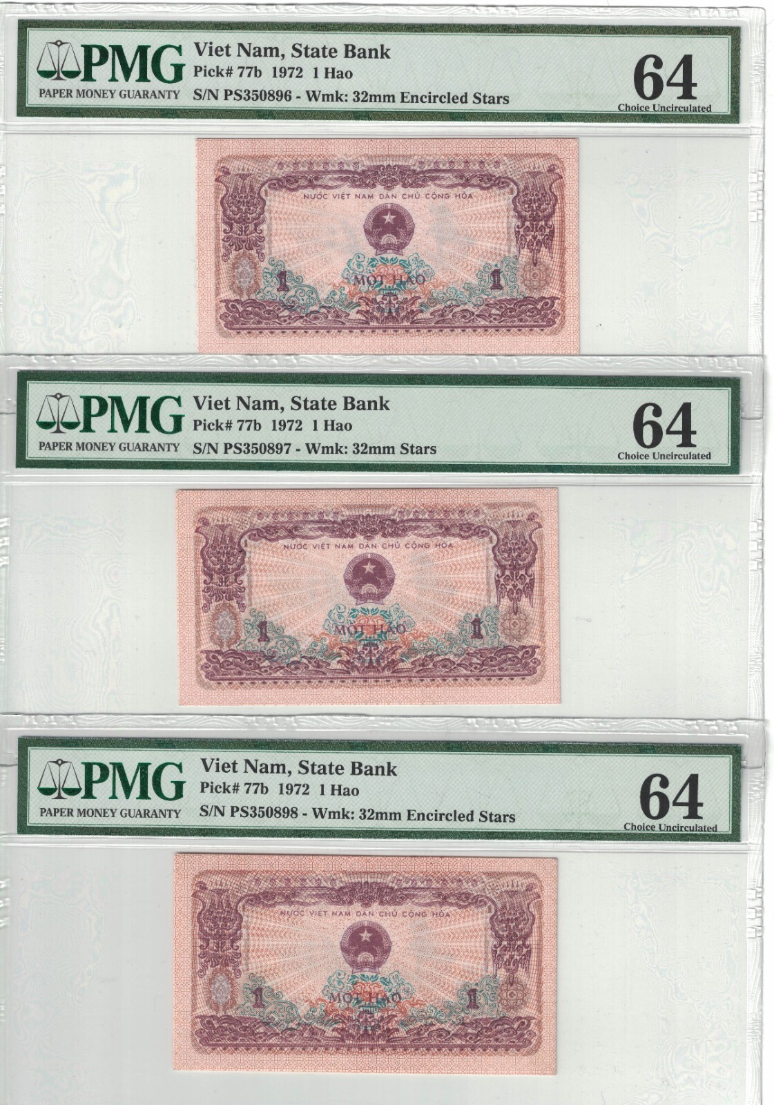 Vietnam Lot of 3 Notes 1 Hao 1972 Pick# 77b PMG: 64 UNC. #PL506