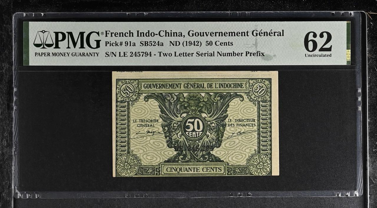 French Indochina P-91a 50 Cents 1942 PMG 62 As Made Wrinkles