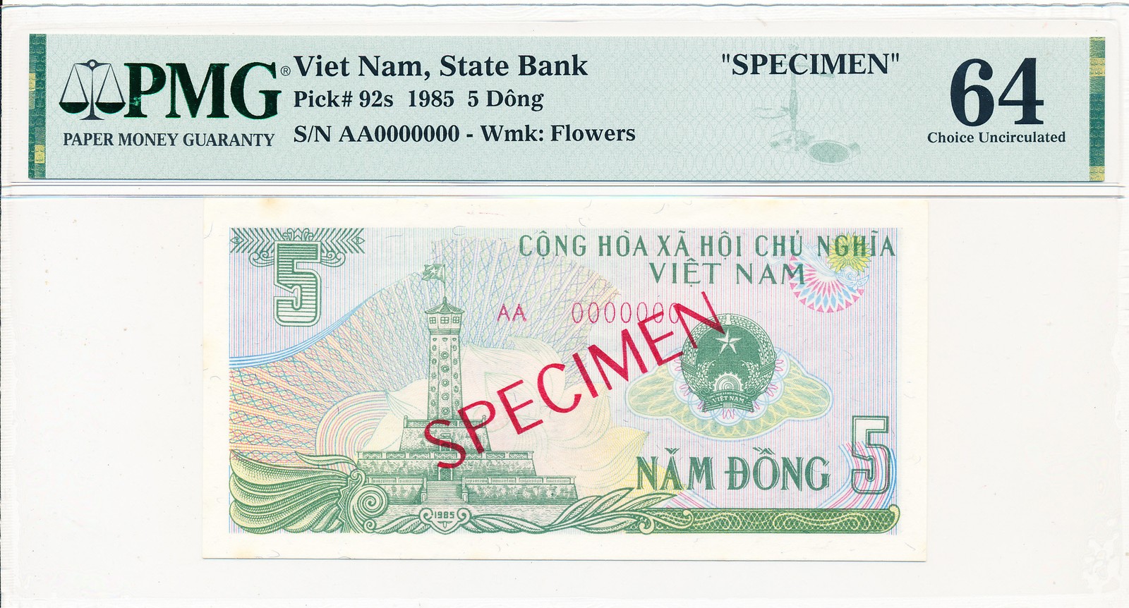 State Bank Viet Nam 5 Dong 1985 Specimen PMG 64