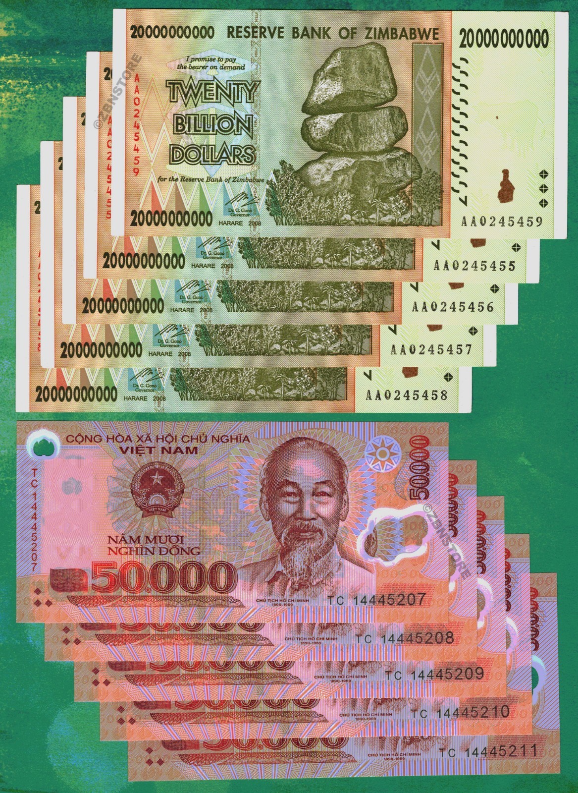 5 x 50,000 Vietnam Dong 5 x 20 Billion Zimbabwe Dollars Certificate Authenticity