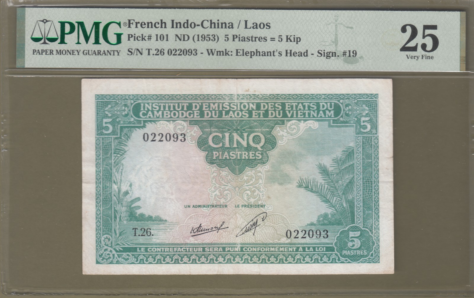 French Indochina/Vietnam 1953 PMG Certified 5 Piastres Banknotes P# 101 VF.