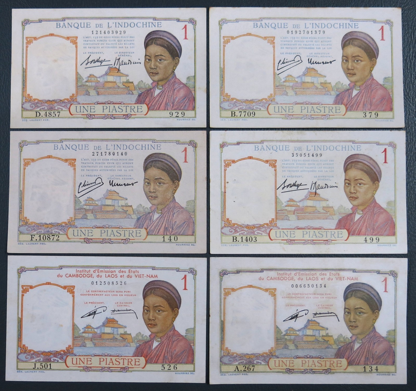 Indochina 1 Piastre 1936-49 Lot of 6 notes AU condition