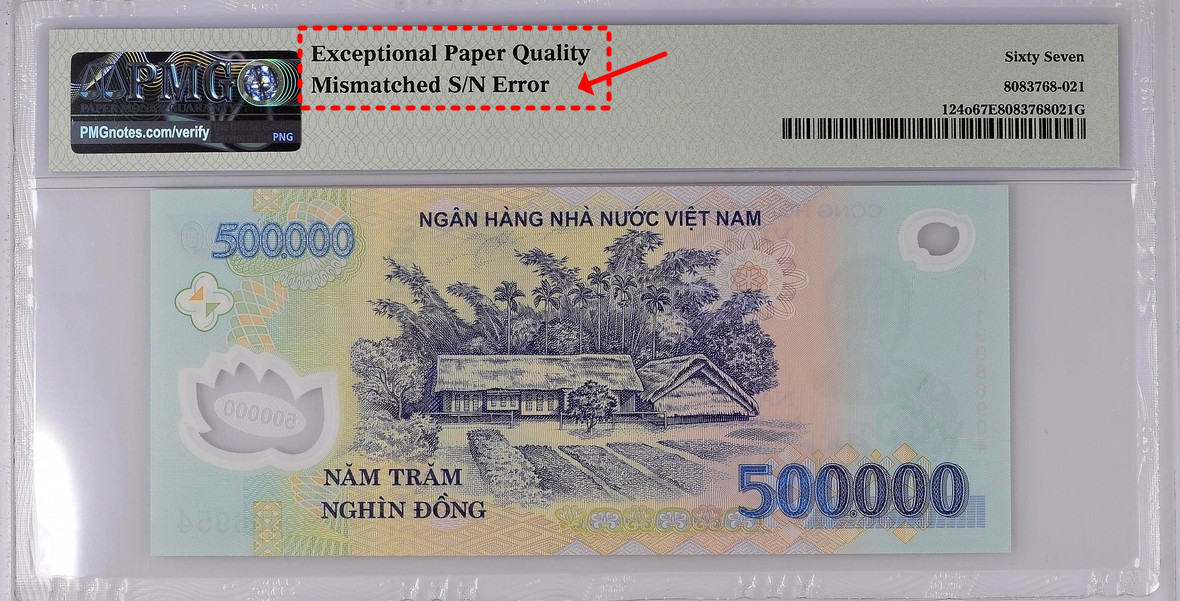 Vietnam, 2019 500000 Dong Mismatched S/N Error PMG 67 EPQ