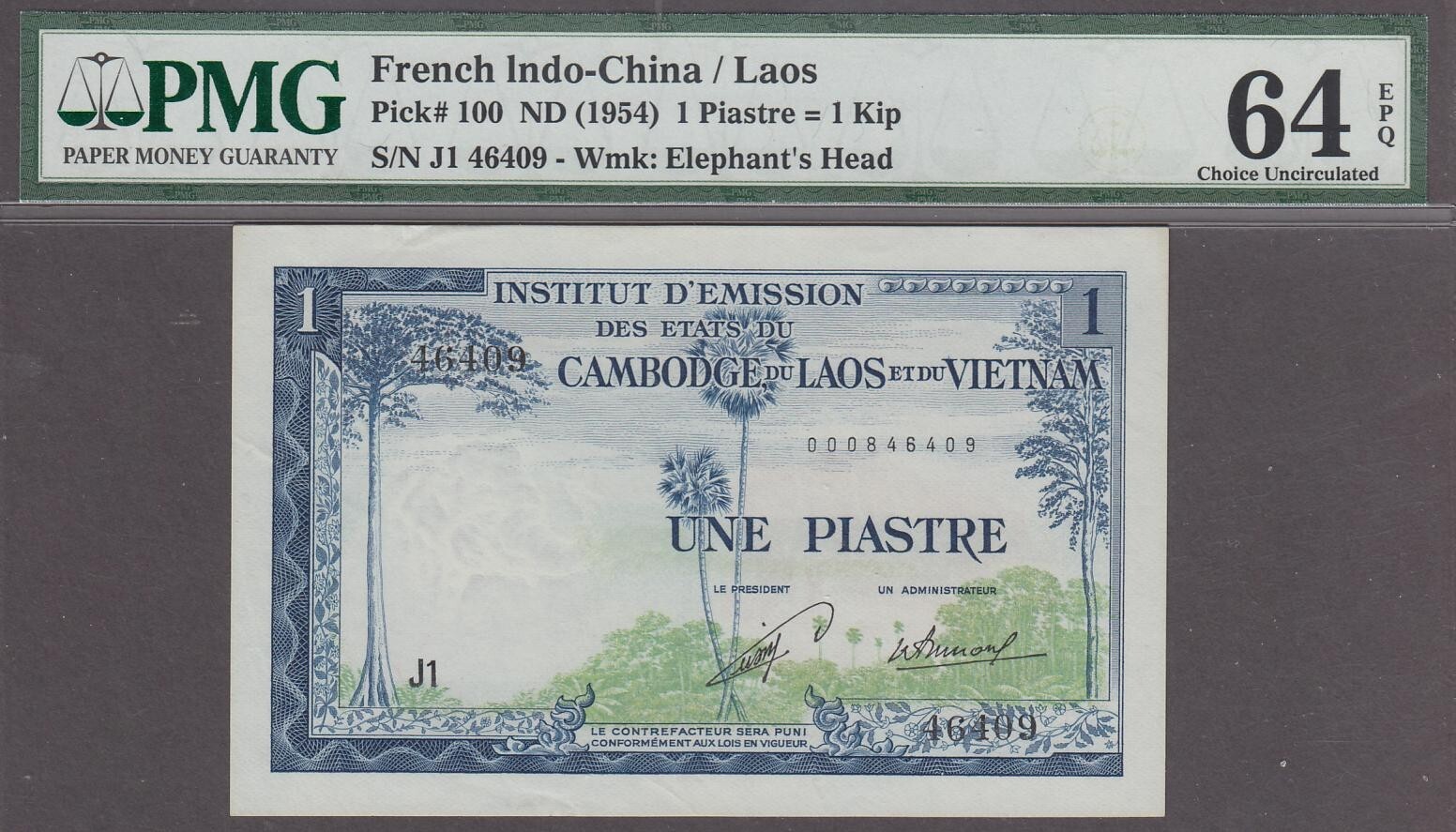 French Indochina 1 Piastre = 1 Kip Banknote P-100 ND-1954 Choice UNC PMG 64EPQ