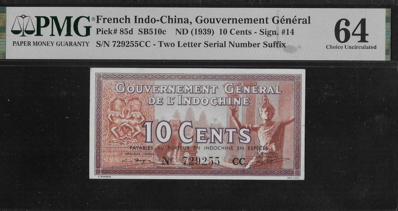 French Indochina P-85d 10 Cents 1939 PMG 64