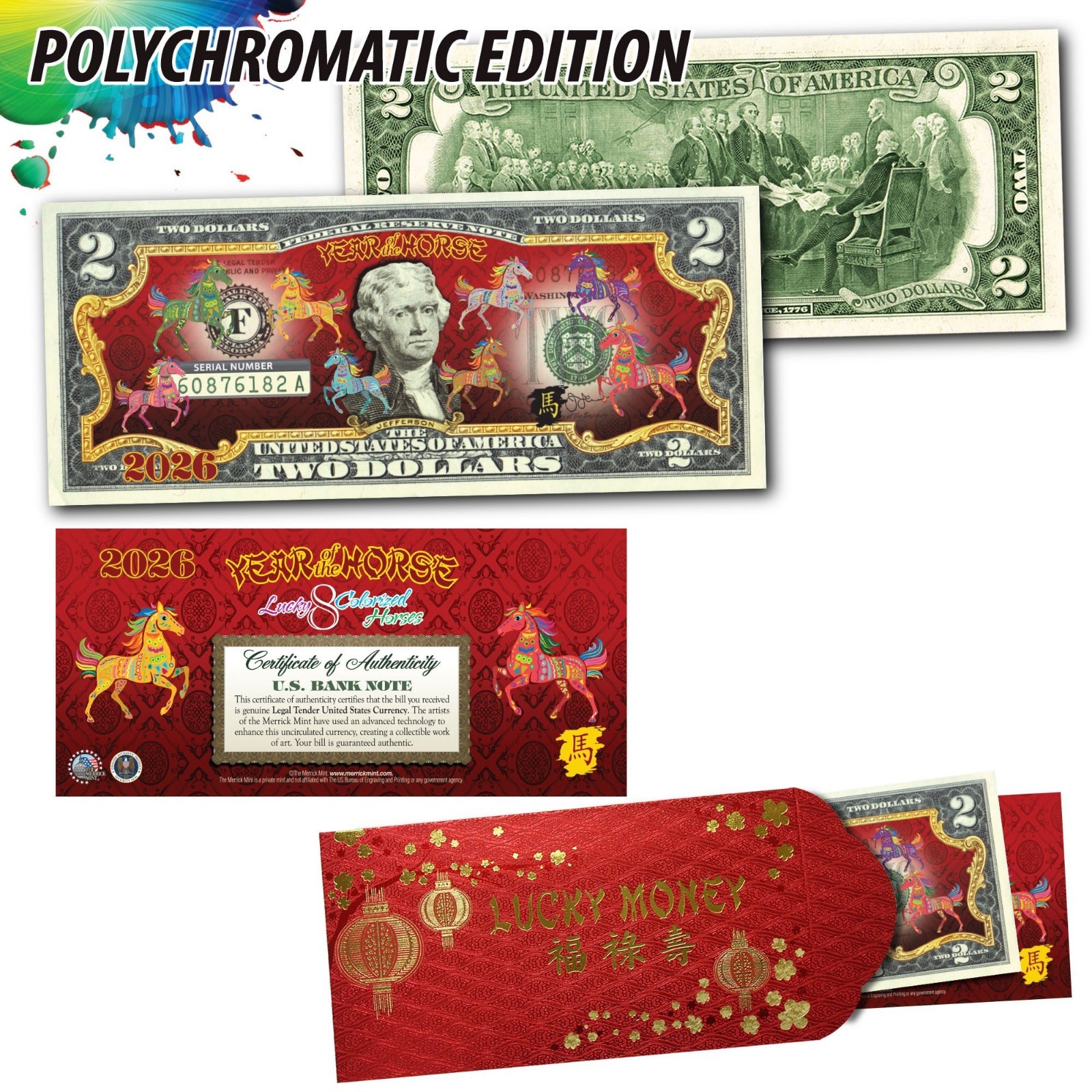 2026 CNY Lunar Chinese New YEAR OF HORSE Polychromatic 8 HORSES $2 Bill RED
