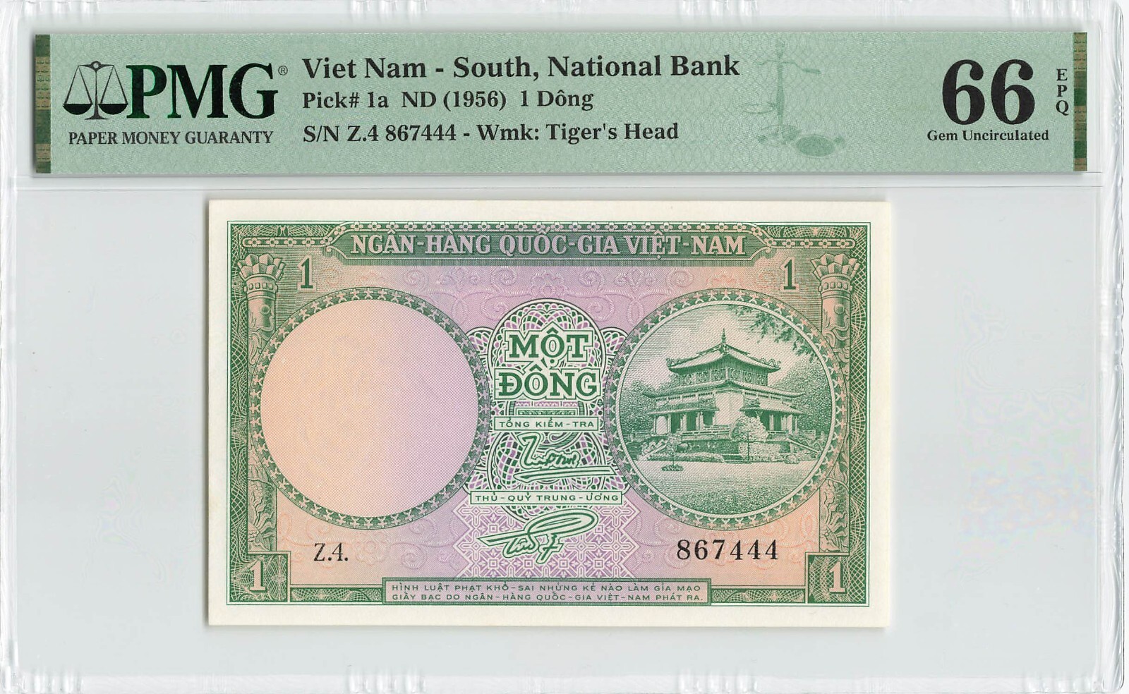 SOUTH VIETNAM 1 Dong 1956, P-1a, PMG 66 EPQ Gem UNC, Excellent Clean Original