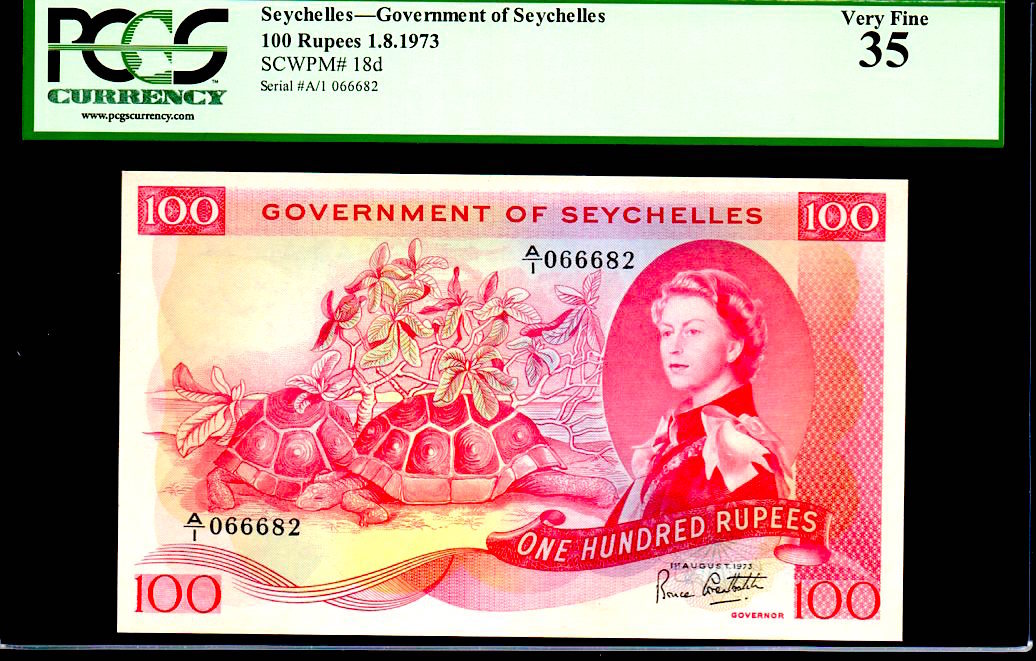 SEYCHELLES P18d “SEA TURTLE” 1975 100 RUPPES PCGS 35!