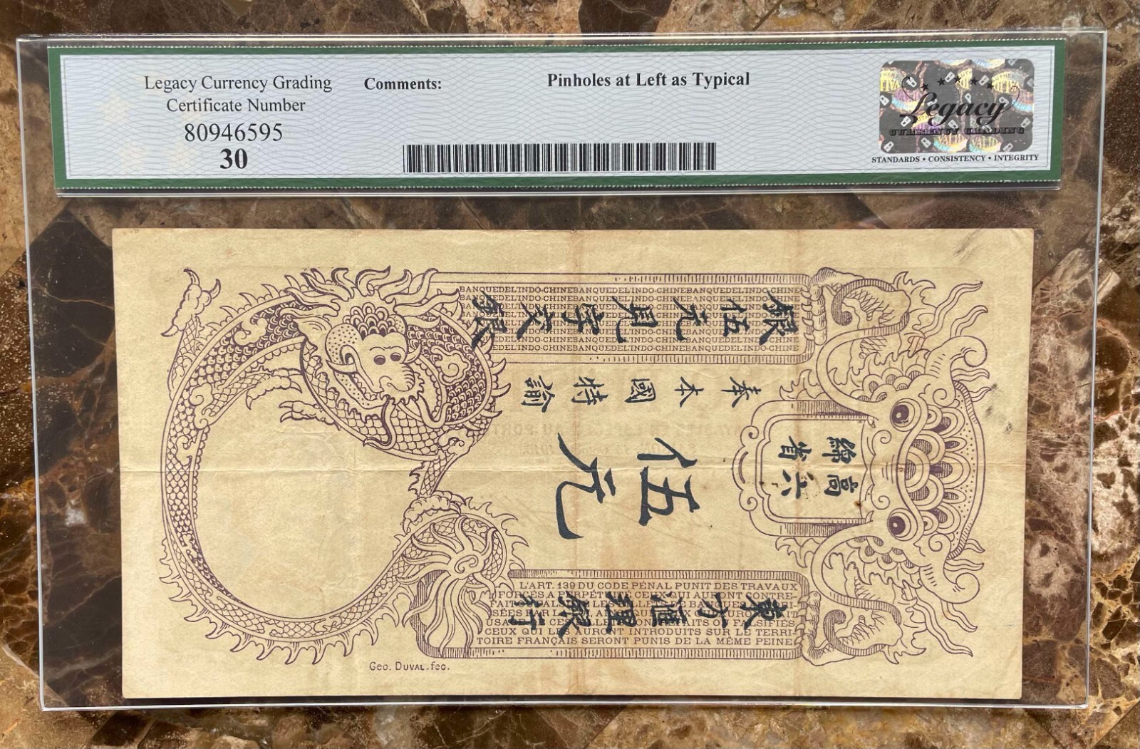 French Indochina 5 Piastres 1910-1916 (ND) Banknote P-37b. Legacy VF-30. Rare!