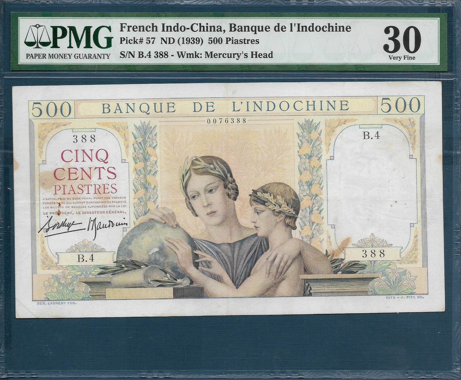 French Indochina Vietnam 500 Piastres, 1939, P 57, PMG VF 30