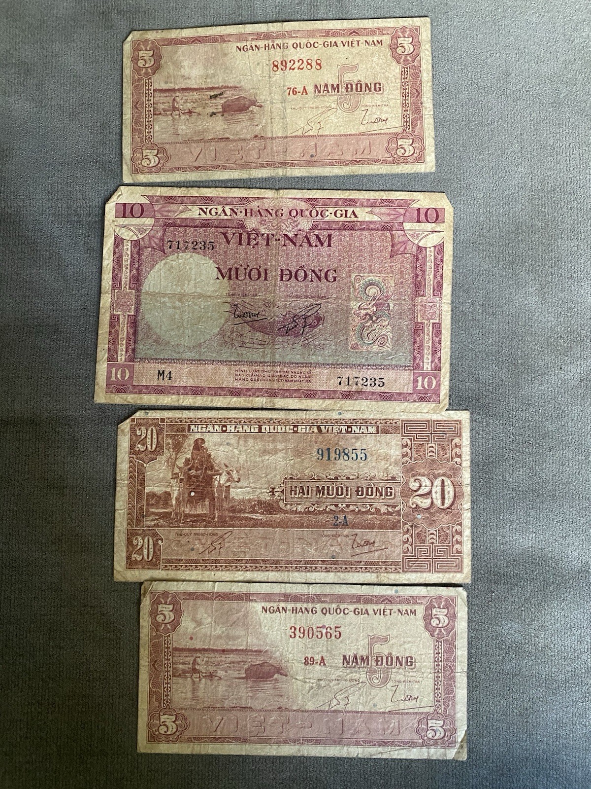 Lot of 4 South Vietnam Banknotes 1955-1962 5, 10, 20 Dong Currency Paper Money