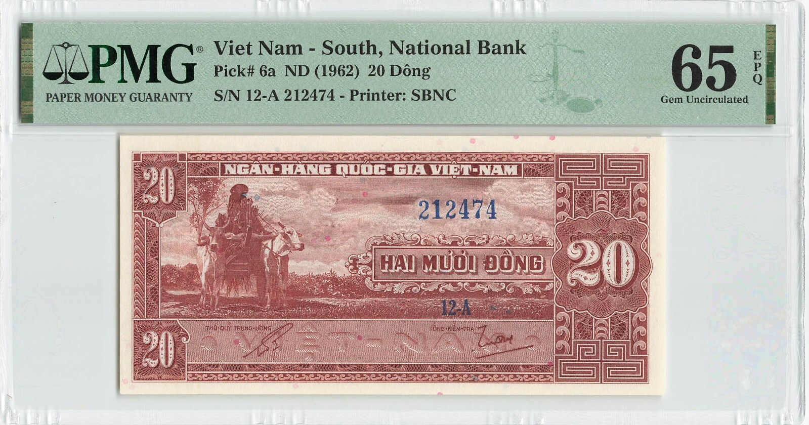SOUTH VIETNAM 20 Dong 1962, P-6a, PMG 65 EPQ Gem UNC, Excellent Clean Original