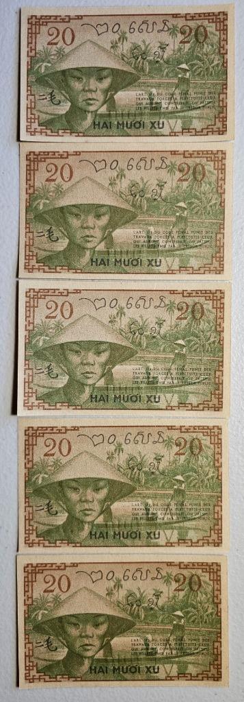 Indochina 20 Cents 1939 Unc Lot of 5 Consecutive Serial #200367-371 BY
