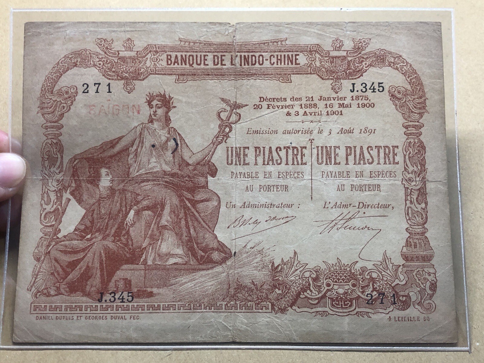 1 Piastre Sai Gon Pick# 34b Indochine Banknotes 1909-1921_LDP Shop.