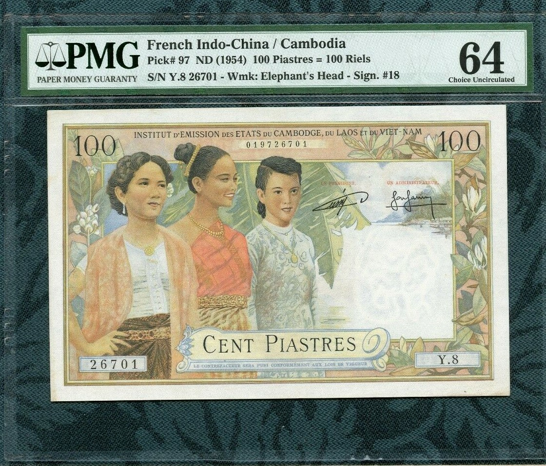 1954 French IndoChina P 97 100 Piastres PMG 64 CAMBODIA
