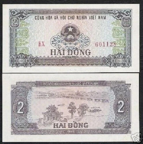 VIETNAM 2 DONG P-85a 1980 COAT OF ARMS BOAT RIVER UNC TONE CURRENCY BANKNOTE