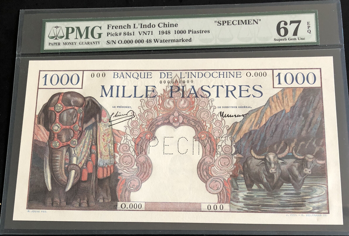 ND-1948-$1000 PIASTRES-Pick 84s-SPECIMEN-PMG67 EPQ-FRENCH INDOCHINA BANQUE-GEM N