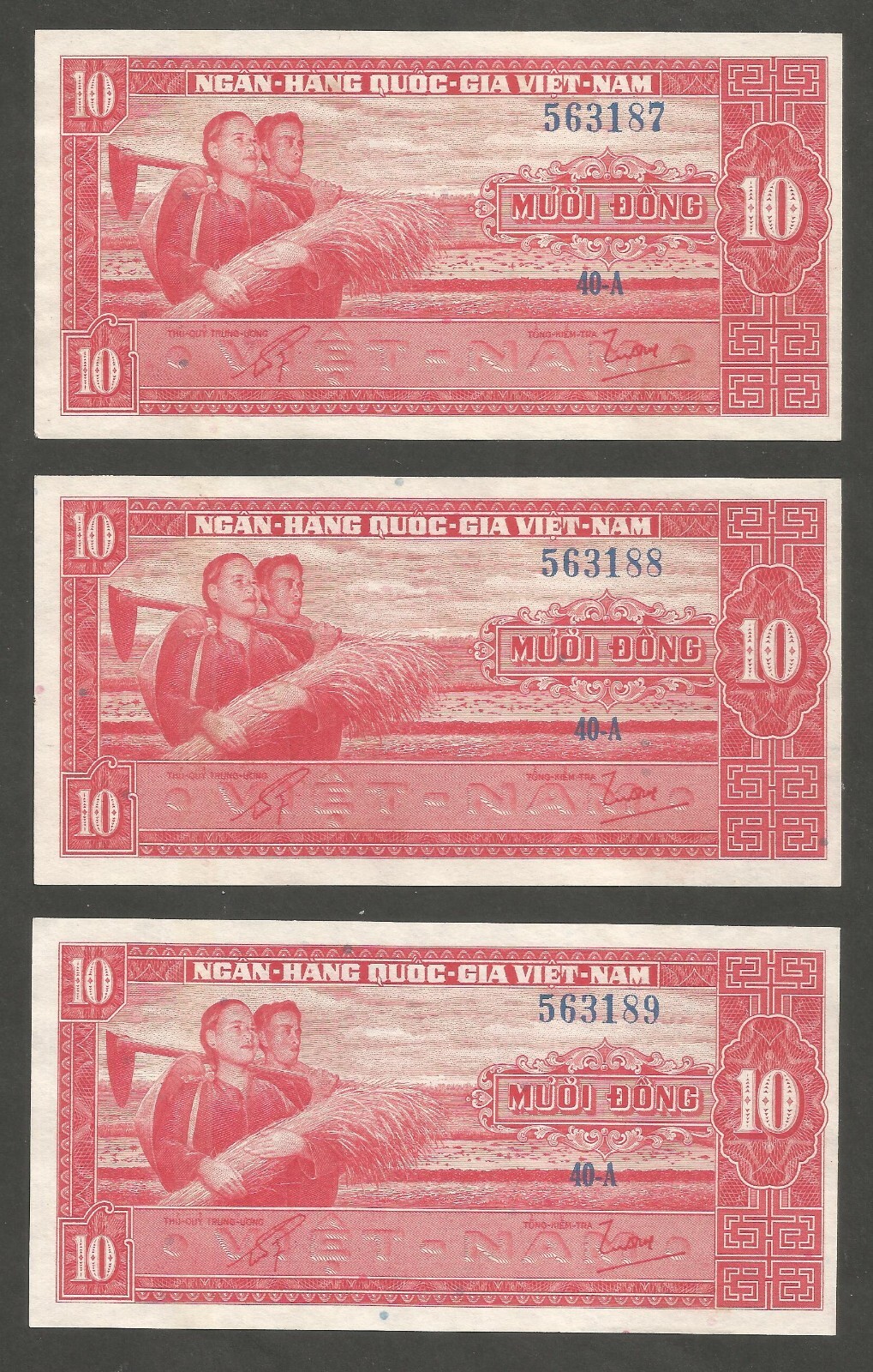 South Vietnam 10 Dong N.D. (1962); AU+; P-5a; BNB-B114a; Lot of 3 consecutive #