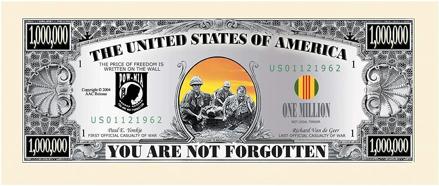 25 Pack POW MIA Vietnam War Veterans Money 1 Million Dollar Commemorative Notes