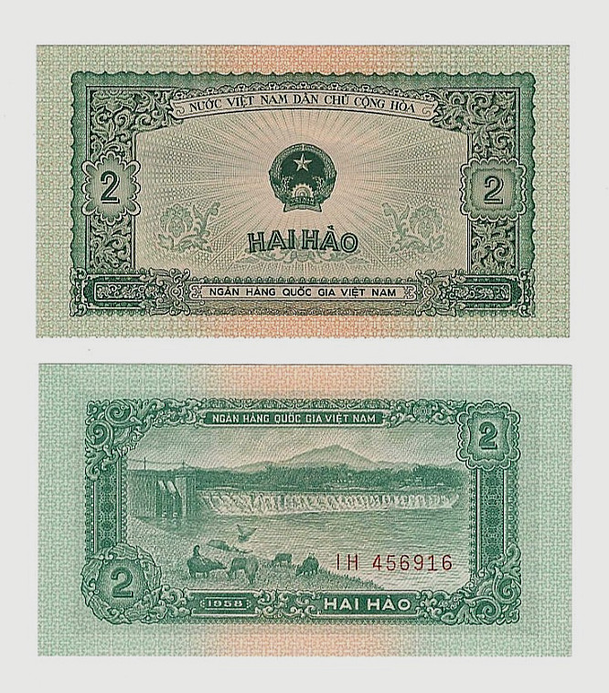 VIETNAM 2 HAO P-69 1958 x 1 Pcs UNC BUFFALO DAM VIETNAMESE EMBLEM BILL BANK NOTE