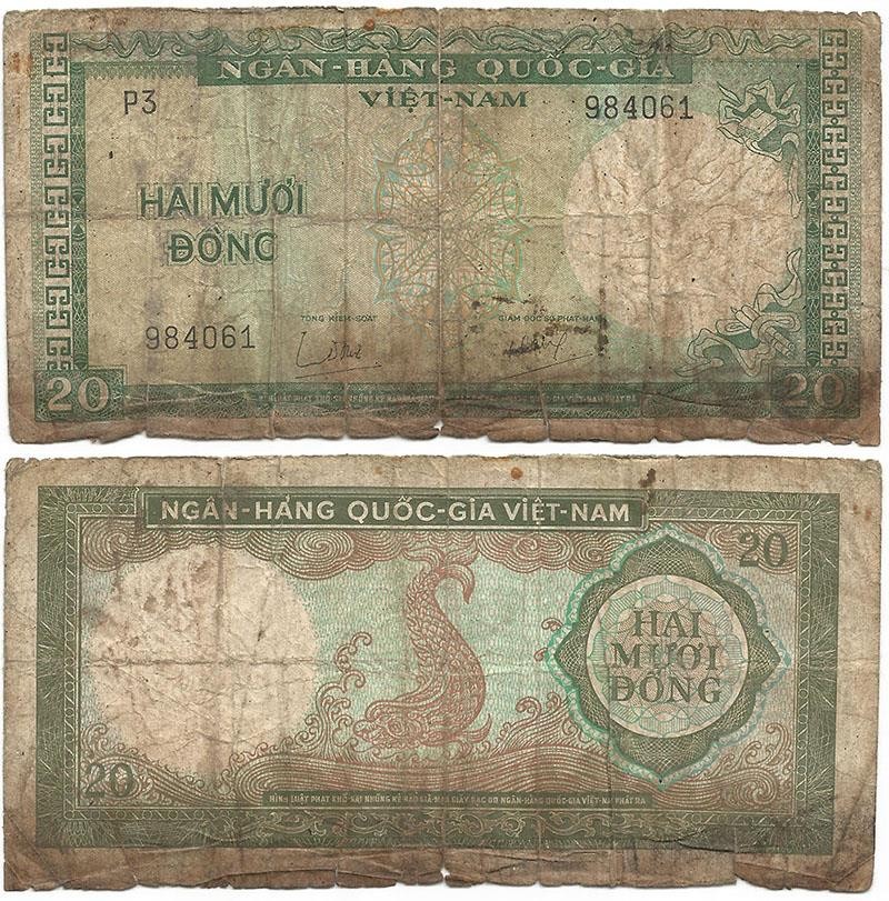 1964 Long-Gone “SOUTH VIETNAM” Well-Circulated WAR-TORN VETERAN “20 DONG” Note