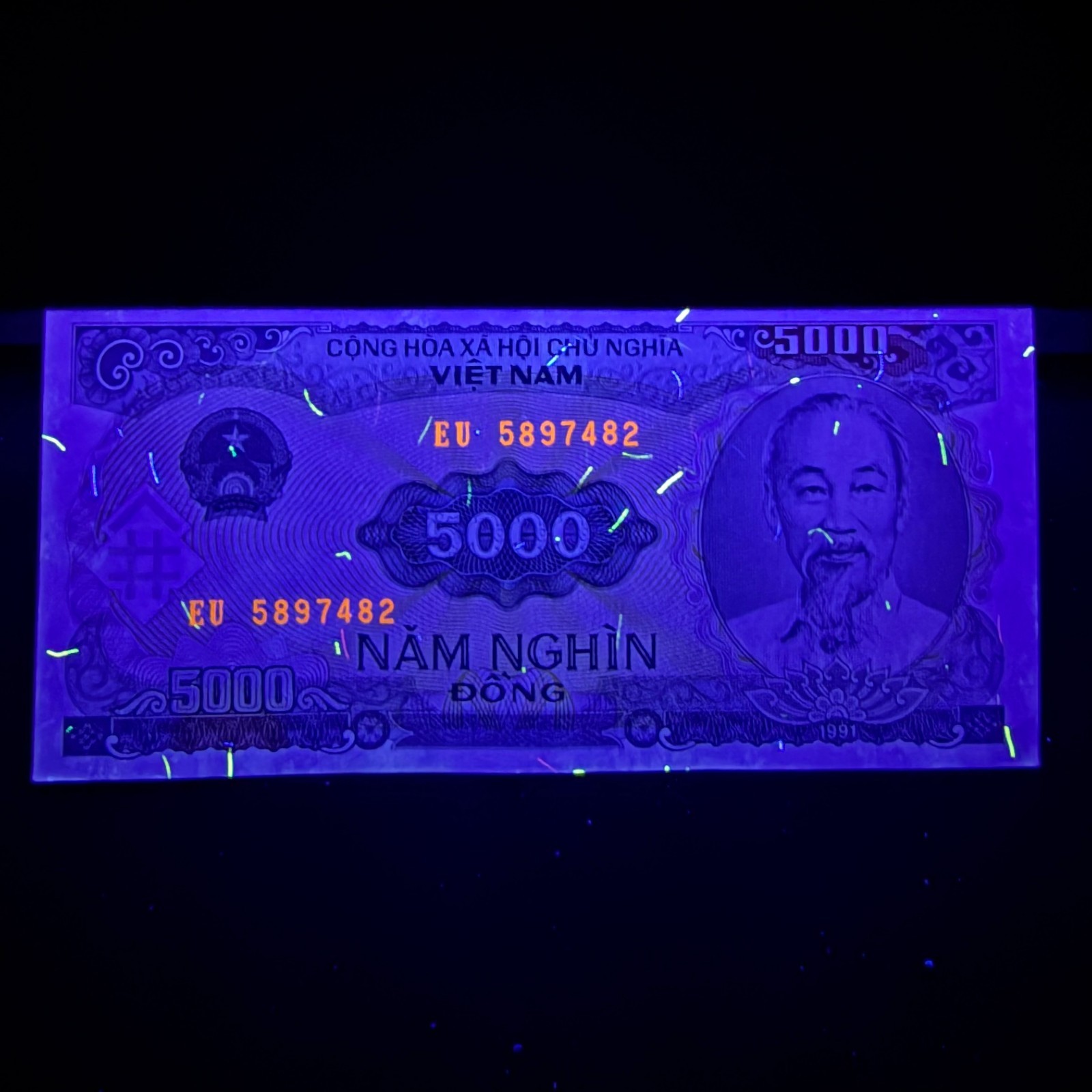 Used Vietnam 5000 Dong Banknote 1991 Ho Chi Minh, Vietnamese Note Under UV Light